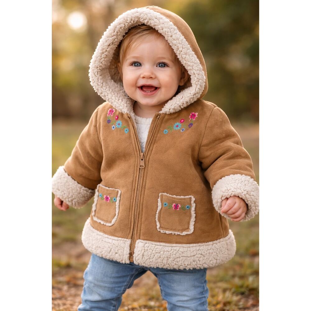 Little Me Toddler Sherpa Lined Hooded Jacket Floral Embroidery | Size 18M
